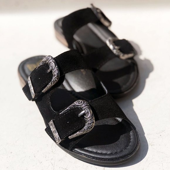 Beast Fashion Shoes - NEW Black Faux Suede Western Metal Buckled Straps Slides Slip On Sandals Shoes
